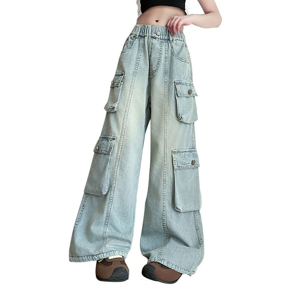 XQYLOS Blue Baggy Cargo Jeans for Girls Elastic Waist Wide Leg Denim Pants πΈπ€π Streetwear Casual Trouser Jogger Style Clothing