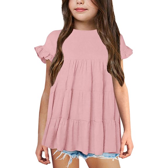 XQYLOS Boys And Girls Simple T-Shirt Toddler Girls T Shirts Ruffle Short Sleeve Round Neck Loose Blouse Summer Solid Color Casual Girl Tee Tops
