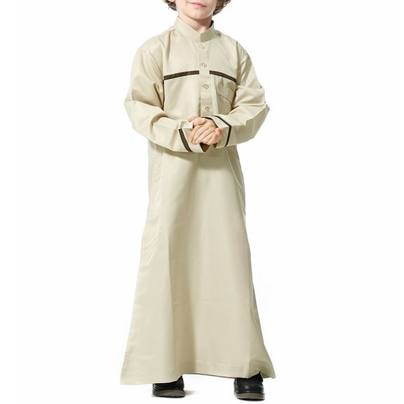 XQYLOS Boys Arabic Thobe Stand Collar Islami𝖼 Long Sleeve Robe with Pockets, Traditional Formal Wear for Special-Occasions