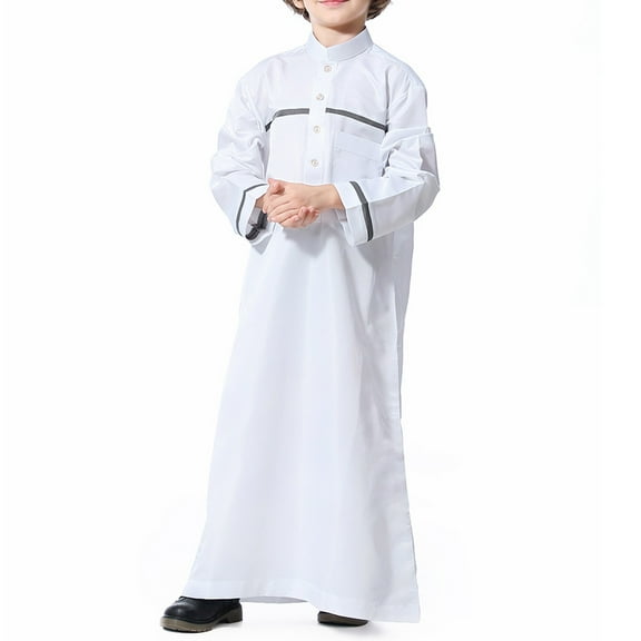 XQYLOS Boys Arabic Thobe Stand Collar Islami𝖼 Long Sleeve Robe with Pockets, Traditional Formal Wear for Special-Occasions