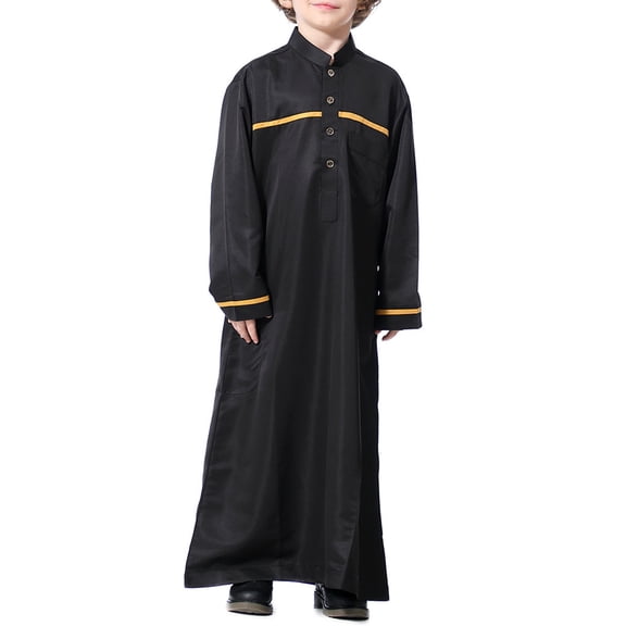 XQYLOS Boys Arabic Thobe Stand Collar Islami𝖼 Long Sleeve Robe with Pockets, Traditional Formal Wear for Special-Occasions