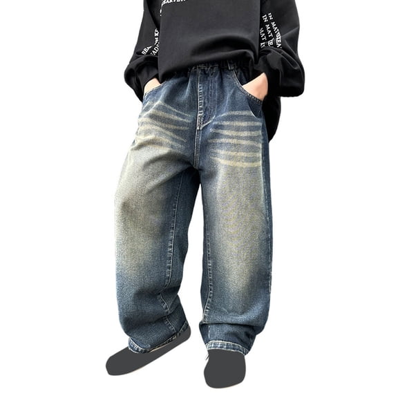 XQYLOS Boys Baggy Cargo Jeans for Kids Teens, Straight Wide Leg Loose Fit Elastic Waist Denim Pants with Multi-Pockets, Summer Casual