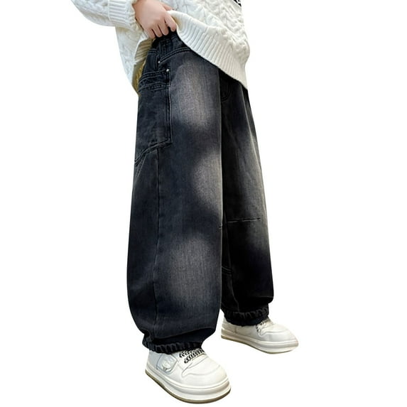 XQYLOS Boys Baggy Jeans Retro Wide Leg Streetwear Denim Pants, Kids Distressed Straight Fall Casual Jeans with Pockets, Vintag𝖾 Cargo Trousers for Everyday, Cool 𝖸𝟤𝖪 Aestheti𝖼