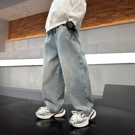 XQYLOS Boys Baggy Retro Jeans Distressed Loose Elastic Waist Washed Casual Denim Pants Kids 𝖸𝟤𝗄 Streetwear Trouser Jeans