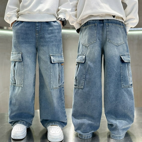 XQYLOS Boys Cargo Jeans Elastic Waist Baggy Denim Pants Wide Leg Straight Loose Trousers with Pockets for Kids & Teens