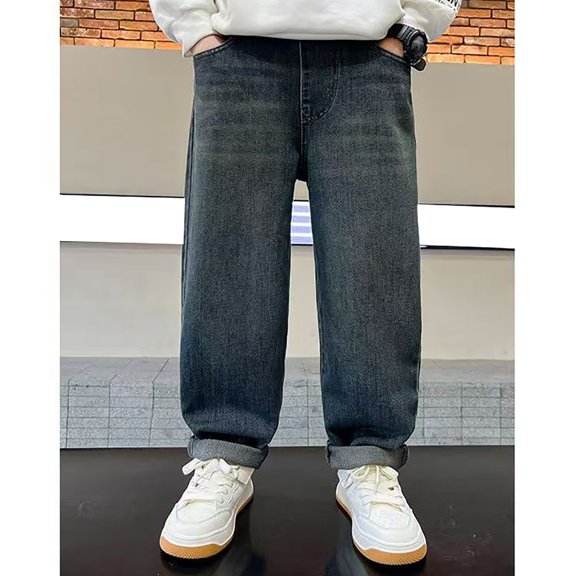 XQYLOS Boys Daddy Jeans Loose Fit Denim Pants for Spring & Autumn Cool Handmade Vintage Style Trousers with Elastic Waist 8-18 Years