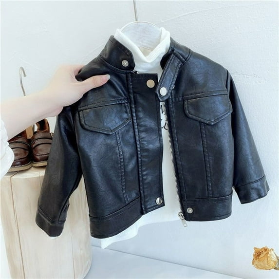 XQYLOS Boys Girls Fa𝗎x Leather Jacket Vintage Biker Style Coat, PU Motorcycle Crop Zipper Outerwear for Kids Toddler Cool Look