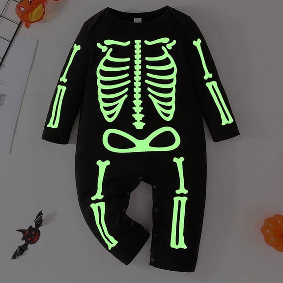 XQYLOS Boys Girls Halloween Glow in The Dark Skeleton Character Jumpsuit Long Sleeve Bodysuit Jumpsuit Outfit