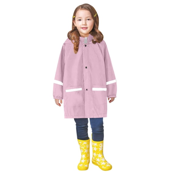 XQYLOS Boys Girls Waterproof Rain Jacket Long Button Hooded Raincoat with Reflective Strip Kids Windbreak Lightweight Outwear