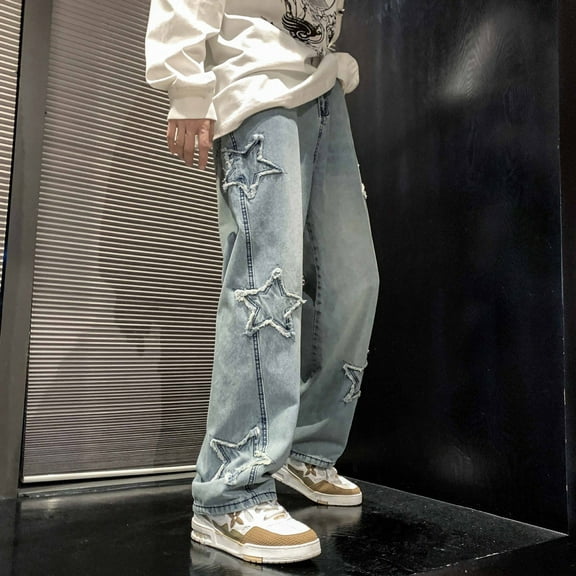 XQYLOS Boys 𝖸𝟤𝖪 Star Denim Pants Baggy Straight Leg Jeans High Elastic Waist Casual Trousers with Multi-Pockets Streetwear