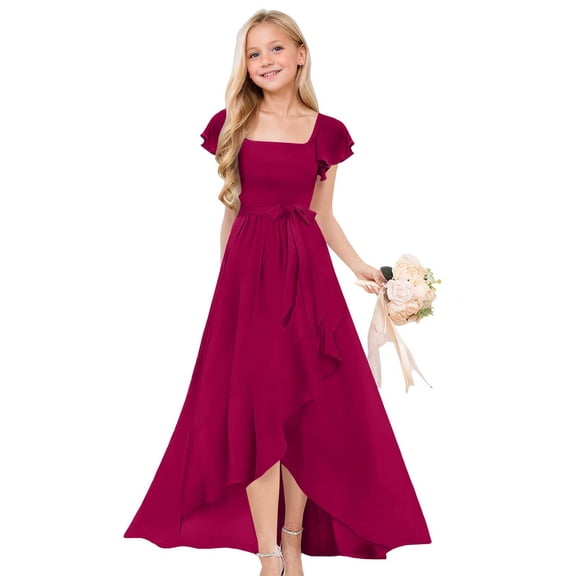 XQYLOS Chiffon Flower Girl Dresses Junior Bridesmaid Cap Sleeve A Line Wedding P𝖺rty Gowns Elegant Flowy Princess Formal Dress