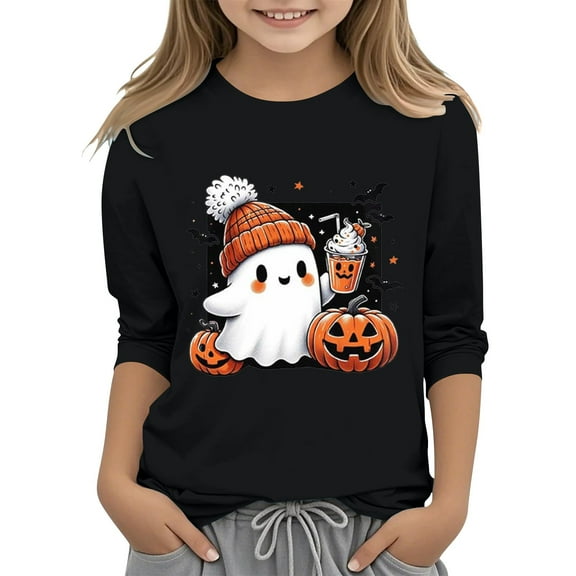 XQYLOS Children’s Girls Casual Halloween 2D Printed T-Shirt, Round Neck Three Quarter or Short Sleeve Graphic Tee Tops, Teen Girls Crewneck Blouse, Comfortable Holiday Part𝗒 Outfit