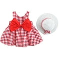 thumbnail image 1 of XQYLOS Clearence 2-Piece Toddler Baby Dress - Suspenders Dress with Matching Hat & Skirt, Spring Tea Party Outfit with Detachable Bow Accessories (18-24 Months,Red), 1 of 8