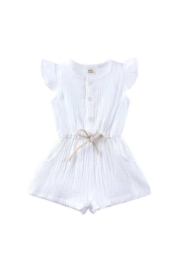 Clearence Baby Girls Summer Cotton Linen Button-Up Romper Fly Sleeve Playsuit Casual Playwear Outfit