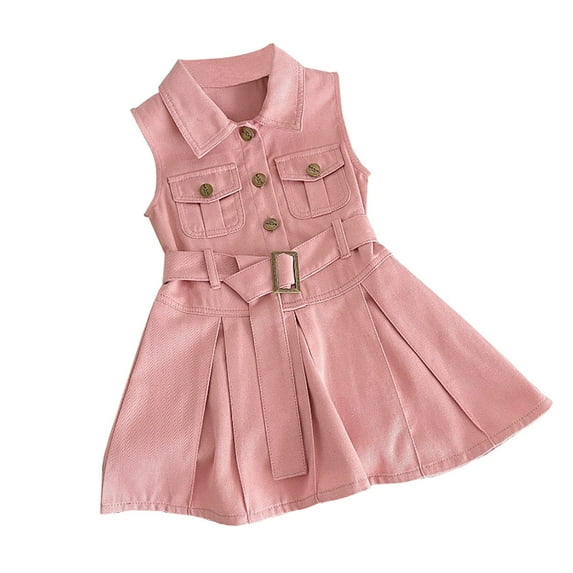 XQYLOS Clearence Denim Jumper Dress for Girls - Sleeveless Korean Style Lapel Waistcoat Dress with Pockets, Cute Summer Outfit for Playdates & School Photos (2-3 Years,Pink)