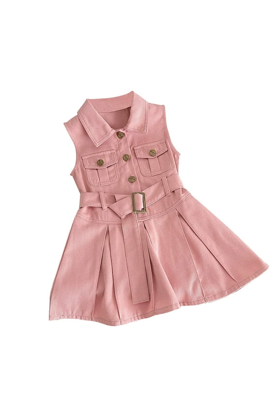 Clearence Denim Jumper Dress for Girls - Sleeveless Korean Style Lapel Waistcoat Dress with Pockets, Cute Summer Outfit for Playdates & School Photos (4-5 Years,Pink)