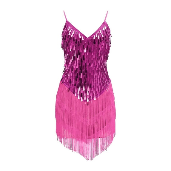 XQYLOS Clearence Girls’ Sequin Fringe Dance Dress Set Latin/Salsa Dancewear Shiny Tassel Skirt Sleeveless Top Performance Outfit (120,Hot Pink)