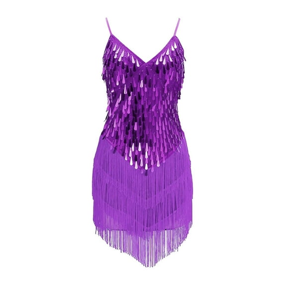 XQYLOS Clearence Girls’ Sequin Fringe Dance Dress Set Latin/Salsa Dancewear Shiny Tassel Skirt Sleeveless Top Performance Outfit (120,Purple)