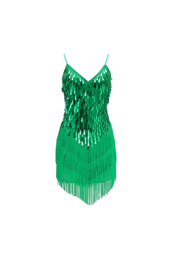 Clearence Girls’ Sequin Fringe Dance Dress Set Latin/Salsa Dancewear Shiny Tassel Skirt Sleeveless Top Performance Outfit (130,Green)