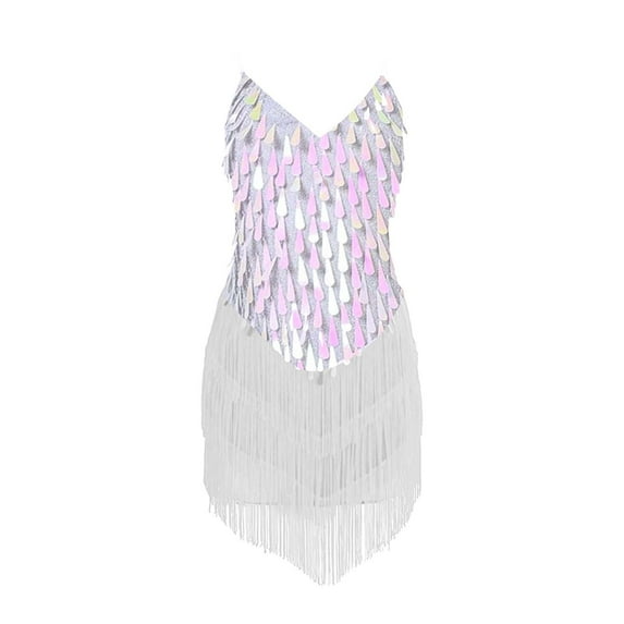 XQYLOS Clearence Girls’ Sequin Fringe Dance Dress Set Latin/Salsa Dancewear Shiny Tassel Skirt Sleeveless Top Performance Outfit (130,White)