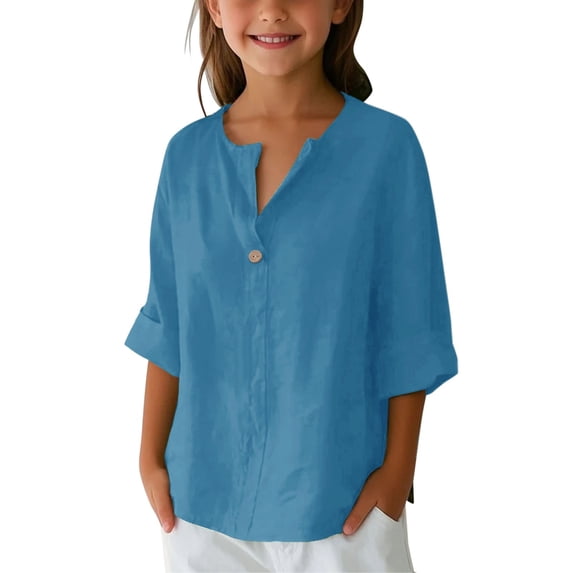 XQYLOS Girls Cotton Linen Shirt V Neck Long Sleeve Button Down Solid Color Casual Blouse for Spring Summer Autumn Vacation Beach