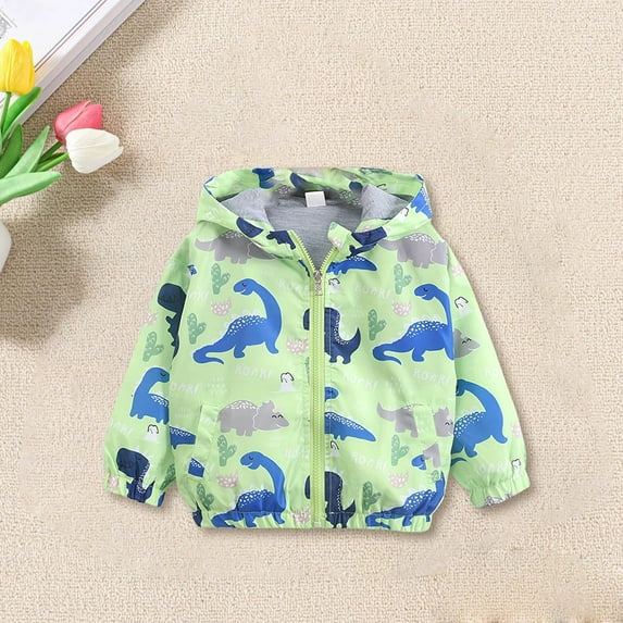 XQYLOS Dinosaur Graphic Raincoat for Toddler Boys, Cotton Lined Waterproof Jacket with Hood, Easy Zip Lightweight Windbreaker