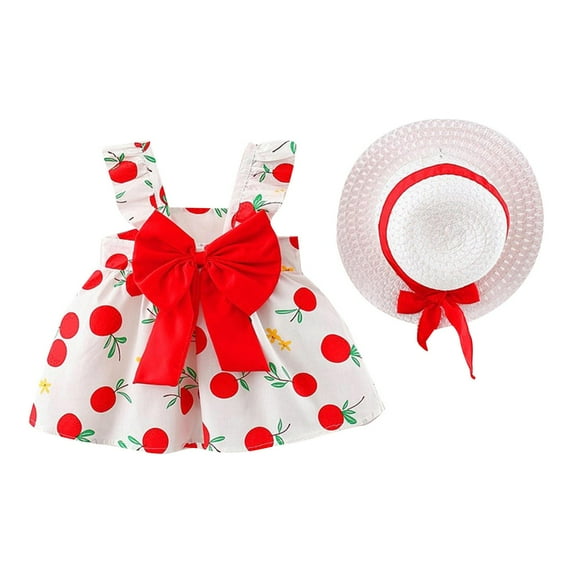 XQYLOS Floral Suspender Dress with Bow Hat Set - Sweet Princess Toddler Outfit for Spring Summer, Photoshoot Easter Sunday Best Girls Church Dress 2-4T