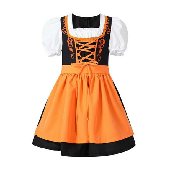 XQYLOS German Oktoberfest Dirndl Set for Girls, Bavarian Maid 𝐜ostume with Skirt & Apron, Traditional Halloween Party Dress for Kids/Teens