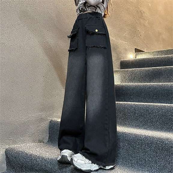 XQYLOS Girl's Casual Elastic Waist Pants Wide Leg Denim Jeans with Pocket Children‘s Straight Retro Relaxed Fit Denim Pants Classic Vintage Plain Washed Baggy Jean