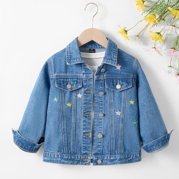 XQYLOS Girl’s Floral Embroidery Jean Jacket Button Up Long Sleeve Denim Coat, Kids Children Autumn Winter Solid Color Pockets Outerwear, Vintage Chic Style