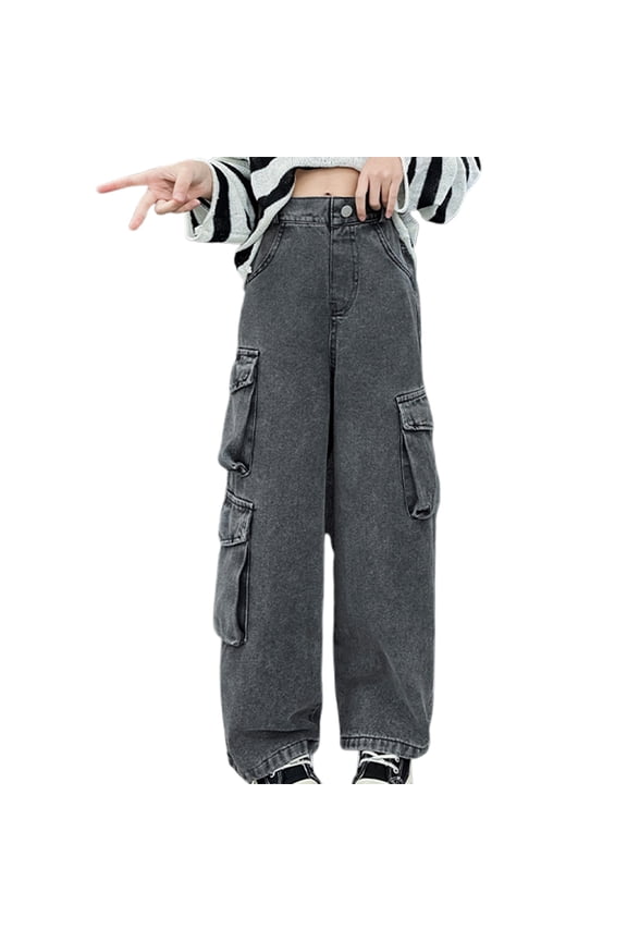 Girls' 2025 Autumn Denim Wide Leg Pants Mid Size Korean Version 𝖳rendy Large Pocket Straight Leg Jeans for Children