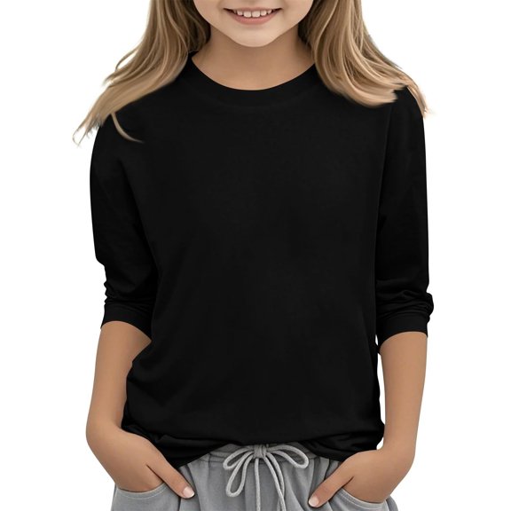 XQYLOS Girls 3/4 Sleeve Solid Color T-Shirt Cotton Basic Tees Casual Round Neck Tops Summer Versatile Everyday Wear