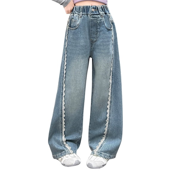 XQYLOS Girls Baggy Jeans Elastic High Waist Plain Wide Leg Loose Fit Denim Pants for Kids 3-15 Years Elasticy Comfort Casual Streetwear Trousers