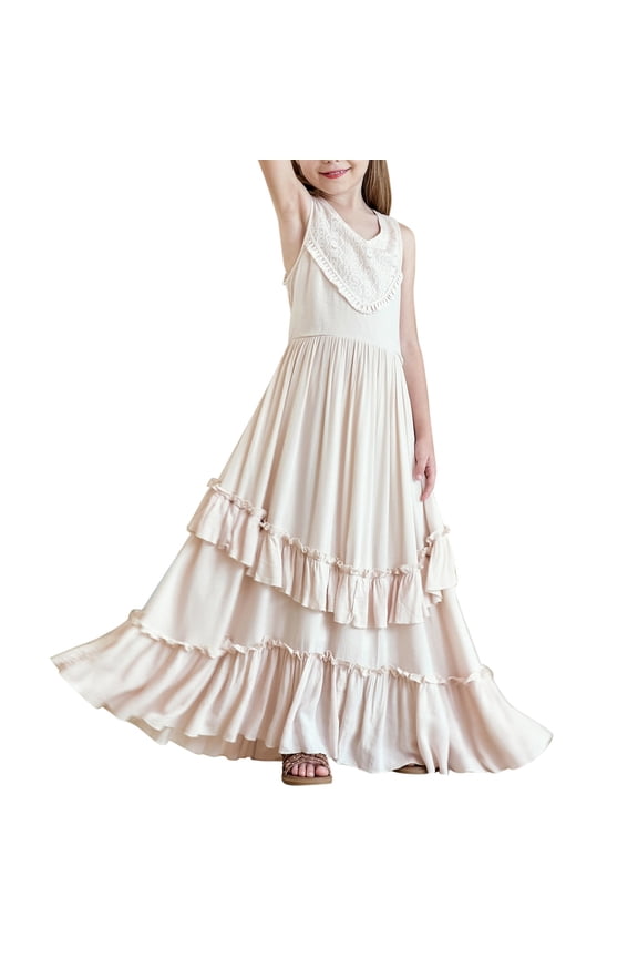 Girls Boho Lace Flower Dresses Spaghetti Strap A-Line Ruffl𝖾 Tiere𝖽 Fl𝗈wy Wedding Par𝗍y Maxi Dress with Pockets