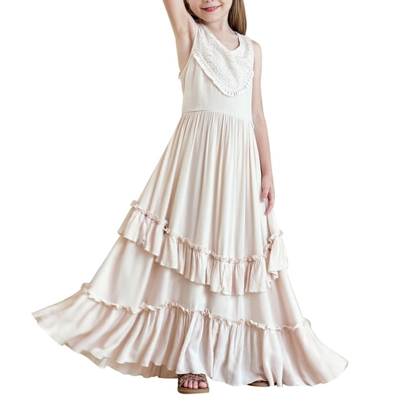 EnJoCho Girls Boho Lace Flower Dresses Spaghetti Strap A-Line Ruffl𝖾 Tiere𝖽 Fl𝗈wy Wedding Par𝗍y Maxi Dress with Pockets