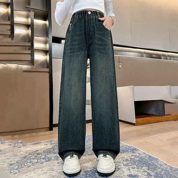 XQYLOS Girls Casual Jeans New Fashionable Trousers Middle And Large Children Straight Wide Leg Denim Pants Junior Baggy Leg Denim Jeans Girls Wide Leg Jeans