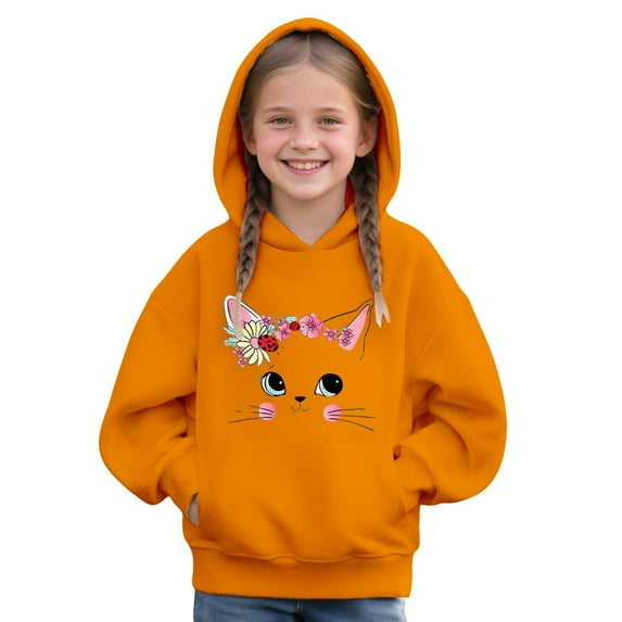 XQYLOS Girls Cat Print Pullover Sweatshirt Cute Casual Loose Hooded Long Sleeve Top Spring Autumn Clothes for 3-12 Years Adorable Animal Design