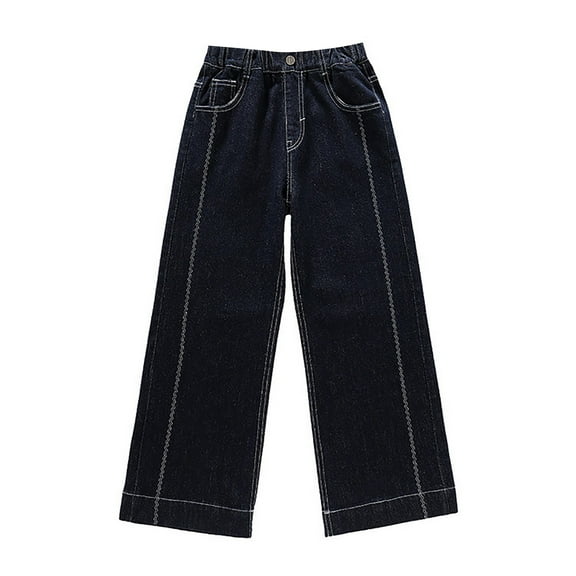 XQYLOS Girls Cotton Baggy Jeans Mid Rise Wide Leg Denim Pants Cute Casual Trousers with Elastic Waistband and Pockets for Juniors