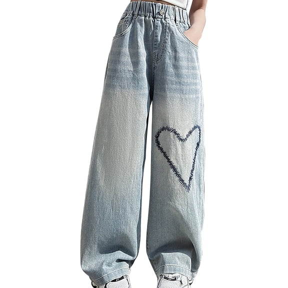 XQYLOS Girls Embroidered Heart Wide Leg Jeans Pull On Waist Light Blue Washed Denim Streetwear Pants Casual Loose Fit Style
