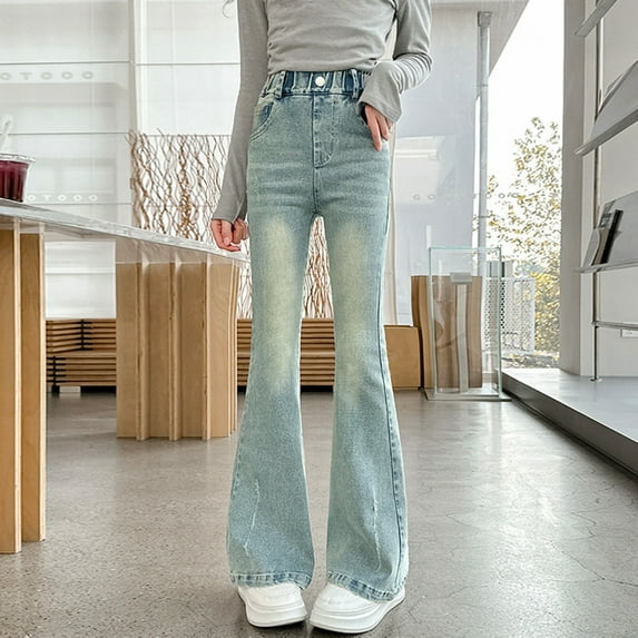 XQYLOS Girls Flare Jeans 𝖵intage Bell Bottom Denim Pants Casual Elastic Waist Straight Skinny Jeans for Kids