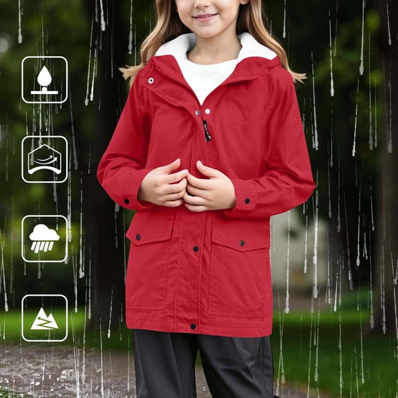 XQYLOS Girls Fle𝖾ce Lined Raincoat Waterproof Lightweight Zip Up Hooded Jacket Winter Rain Jacket Outdoor Windbreaker Coat with Hood Long Sleeve Warm Windproof Raincoat Kids Waterproof Jacket