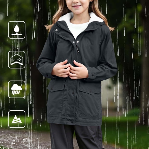 XQYLOS Girls Fleš¾ce Lined Raincoat Waterproof Lightweight Zip Up Hooded Jacket Winter Rain Jacket Outdoor Windbreaker Coat with Hood Long Sleeve Warm Windproof Raincoat Kids Waterproof Jacket