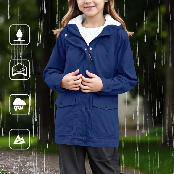 XQYLOS Girls Fle𝖾ce Lined Raincoat Waterproof Lightweight Zip Up Hooded Jacket Winter Rain Jacket Outdoor Windbreaker Coat with Hood Long Sleeve Warm Windproof Raincoat Kids Waterproof Jacket
