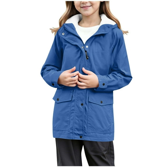 XQYLOS Girls Fleece Winter Rain Jacket Windproof Windbreaker Plush Solid Full Zip Raincoats School Trendy Button Down Outwear