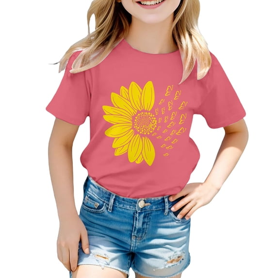 XQYLOS Girls Flower Graphic T-Shirt Bold Sunflower Print Casual Shirt Top for Kids 2-13Y Lightweight Short Sleeve Tee School Playground Summer Activity Wear