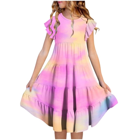 XQYLOS Girls Flowy A-Line Dress Summer Double-Layer Sleeve Gradient Color Transition Casual Outfit for Kids 6-15Y Lightweight Twirl Dress School Playdate Beachwear