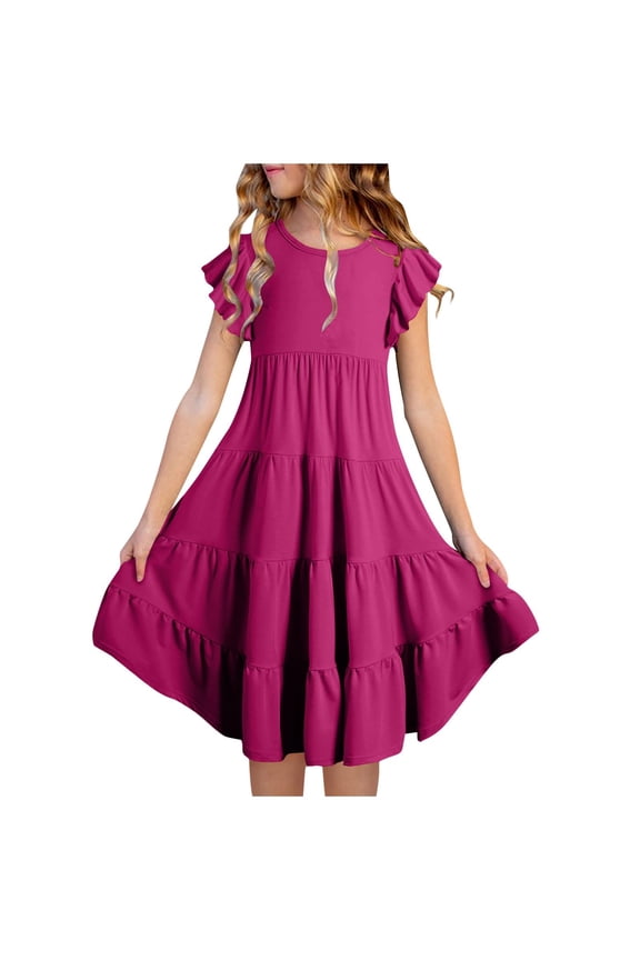 Girls' Flutter Sleeve Boho Dress, Tiered Ruffle 𝐒undress for Tweens 6-15Y, Lightweight A-Line Summer Beachwear