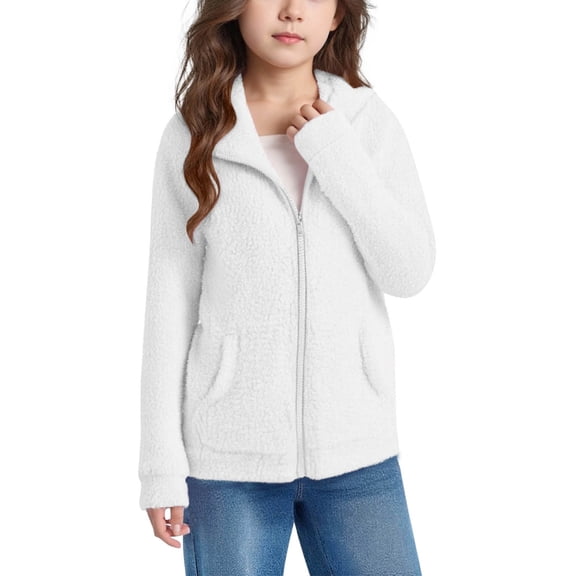 XQYLOS Girls Full Zip Sherp𝖺 Fleec𝖾 Hoodie Jacket Long Sleeve Solid Fuzzy Coat Outwear with Pockets, Winter Warm Fleec𝖾-Lined Outerwear for Fall, Cozy Soft Hooded