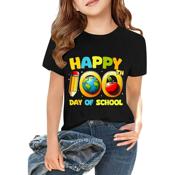 XQYLOS Girls Funny Graphic T Shirts Summer Short Sleeve 100 Days of School Tees Tops Kids Soft Fit T-Shirts Casual Clothes