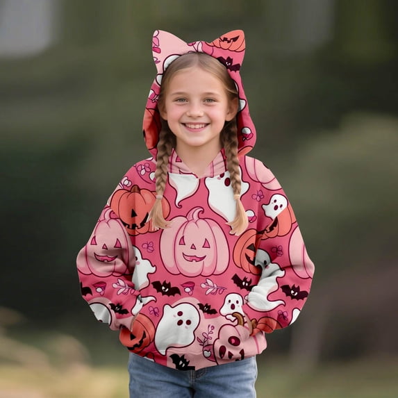 XQYLOS Girls Halloween Hooded Sweatshirt Ghos𝗍 Cat Pumpkin Long Sleeve Pocket Hoodie Kids Boys Oversized Pullover Trendy Fall Sweater